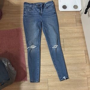 American Eagle Outfitters Blue Skinny Jeans with Distressed Details
